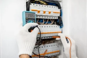 emergency electrician in Duval County Florida testing an electrical panel with a digital multimeter for testing the correct voltage